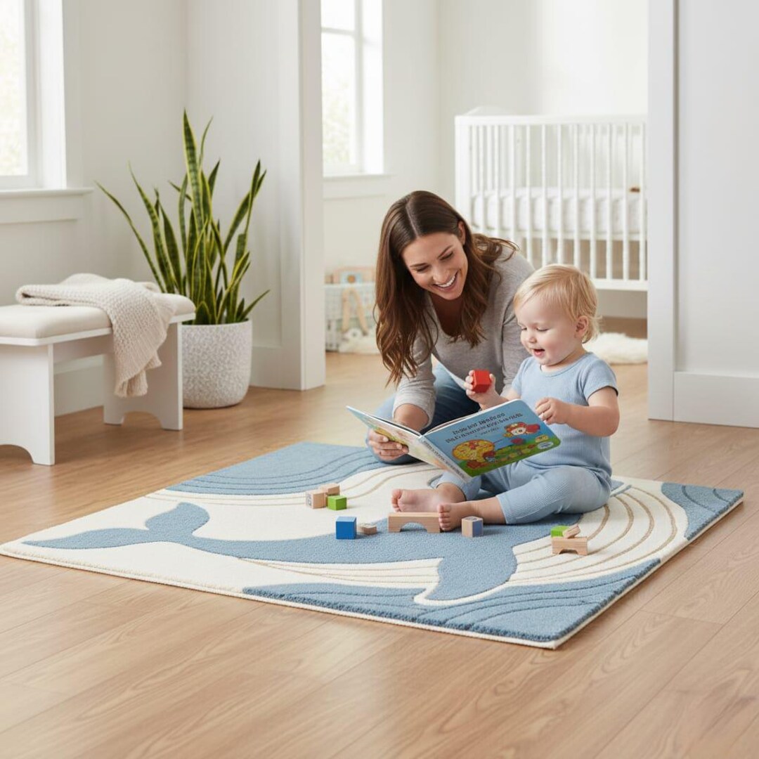 Whale Nursery Area Rug, Blue Cream Ocean Kids Rug, Scandinavian Baby ...