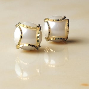White Pearl Stud Earrings • 14K Gold Screw Back Earrings • Unique Triangle Cage Design Earrings • Bridal Earrings • Anniversary Gift for Her