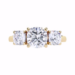 14K Solid Gold Three Stone Engagement Ring • Cushion Cut Lab Grown Bridal Ring • Classic Wedding Band • Dainty Anniversary Jewelry for Her