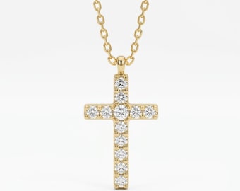 14K guld diamant kors halsband, elegant moissanit korshänge, minimalistiska trosmycken, kristen gåva för kvinnor, lager-på-lager halsband