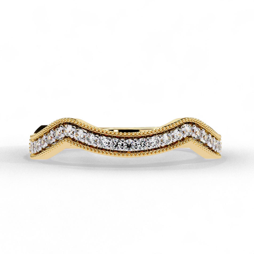 14K Gold Curved Diamond Band • Vintage Milgrain Chevron Ring • Dainty ...