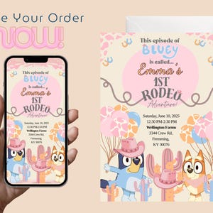 Verjaardagsuitnodiging Bluey Rodeo Adventure – aangepaste kindernaam en leeftijd – bewerkbare feestuitnodiging