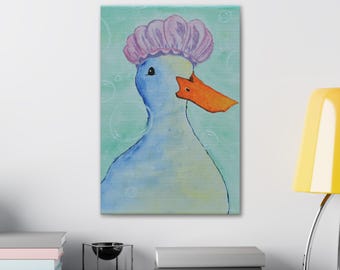 Bathroom Canvas Art Print Bubble Bath Duck, Illustrated Wall Art