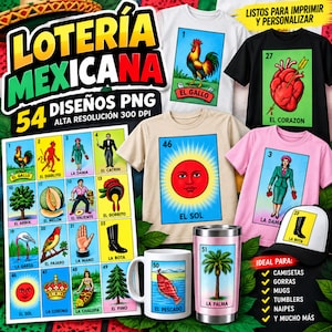 Puede incluir: Una colección digital de 54 diseños PNG de Lotería Mexicana con cartas icónicas como El Gallo, El Corazón y El Sol. El conjunto incluye varias camisetas, una taza blanca, un vaso térmico rosa y una gorra con estos gráficos coloridos.