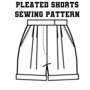 May include: A black and white illustration of pleated shorts, with the text "PLEATED SHORTS SEWING PATTERN" above. The design shows pleats, pockets, and a turned-up hem, ideal for sewing enthusiasts looking for a new project.