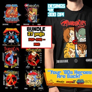 Puede incluir: Una camiseta negra con un gráfico de personajes de Thundercats y otros diseños de dibujos animados de los 80. La imagen incluye texto que dice "¡Tus héroes de los 80 han vuelto!" y "BUNDLE 27 pngs PDF-SVG-PNG".