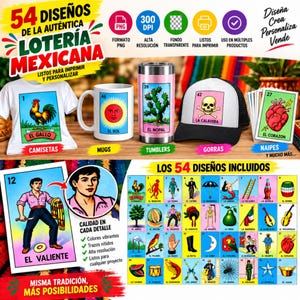 May include: A digital collection of 54 Mexican Loteria game card designs featuring vibrant illustrations like a rooster, sun, cactus, skull, and heart. The set includes high-resolution PNG files for printing on t-shirts, mugs, tumblers, and caps.