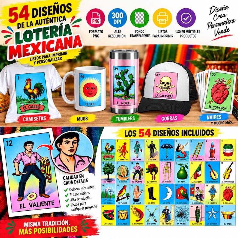 May include: A digital collection of 54 Mexican Loteria game card designs featuring vibrant illustrations like a rooster, sun, cactus, skull, and heart. The set includes high-resolution PNG files for printing on t-shirts, mugs, tumblers, and caps.