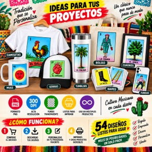 May include: A collection of merchandise featuring Mexican bingo card designs, including a white t-shirt with a rooster, a black and white baseball cap with a heart, a metal tumbler with a palm tree, a tote bag, a framed print, a mug, and playing cards.