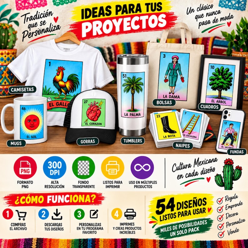 May include: A collection of merchandise featuring Mexican bingo card designs, including a white t-shirt with a rooster, a black and white baseball cap with a heart, a metal tumbler with a palm tree, a tote bag, a framed print, a mug, and playing cards.