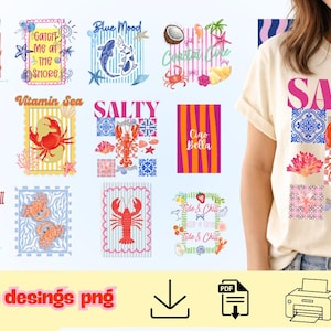 Puede incluir: Una colección de diseños gráficos coloridos con temática playera, con cangrejos, langostas y elementos náuticos. Los diseños incluyen texto como "Crab Mood", "Salty" y "Ciao Bella". También se ve una camiseta con un diseño de langosta.
