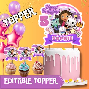 May include: A pink birthday cake with white frosting and a decorative topper featuring cartoon characters and the name "Sophie." The image includes cupcakes and balloons, with the text "Happy Birthday!" and "Editable Topper."