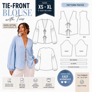 May include: A digital sewing pattern for a tie-front blouse with long sleeves. The image displays the finished light blue blouse, technical line drawings of the front, back, and sleeve pattern pieces, and text including TIE-FRONT BLOUSE with Ties.