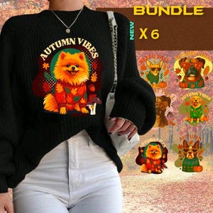 Puede incluir: Suéter negro con un gráfico colorido de un perro Pomerania con un suéter con hojas de otoño y el texto "Autumn Vibes". La imagen también muestra un paquete de seis diseños otoñales con temática de perros.