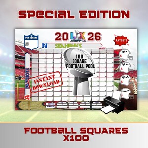 Football Squares 2026 Printable Template | Bowl Party Game | 100 Squares Pool Chart PDF PNG | Office Game | Football Party Decor