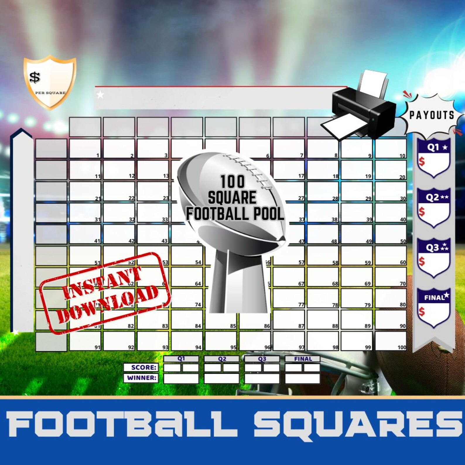 Static Pool Chart 100 Squares Pool Chart | Big Game 2026 Football Squares Printable ...