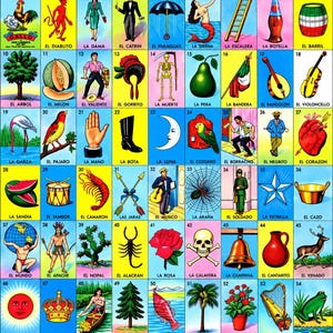May include: A grid of 54 colorful playing cards featuring various illustrations including a rooster, devil, mermaid, skeleton, heart, and skull. Each card is numbered and labeled with Spanish text, showcasing a traditional Mexican bingo game set.
