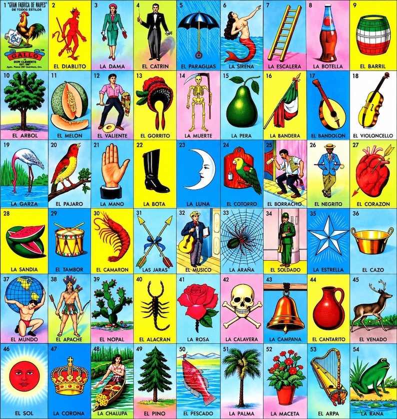 May include: A grid of 54 colorful playing cards featuring various illustrations including a rooster, devil, mermaid, skeleton, heart, and skull. Each card is numbered and labeled with Spanish text, showcasing a traditional Mexican bingo game set.