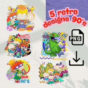 May include: Five retro 90's designs featuring cartoon characters in vibrant colors. The designs include the text "90's" and "Club 90's". A PNG file icon and a download arrow are also visible.