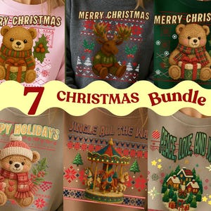 Puede incluir: Un conjunto de siete sudaderas con temática navideña. Los diseños incluyen osos de peluche, renos y un carrusel, con textos como "Merry Christmas" y "Happy Holidays". Las sudaderas son de varios colores.
