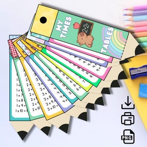 Puede incluir: Un conjunto de coloridos marcadores con forma de lápiz que muestran tablas de multiplicar. Cada marcador muestra una tabla diferente, con el título "MY TIMES TABLES" y una ilustración de un cerdo con una manzana. Diseñado para uso educativo.