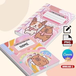 Könnte beinhalten: Zwei Notizbücher mit Illustrationen von Zeichentricktieren. Ein Notizbuch zeigt einen Hund und einen Bären mit Schals, während das andere ein Reh mit Flügeln hat. Beide Notizbücher tragen die Aufschrift "Composition Book" und einen Platz für einen Namen.