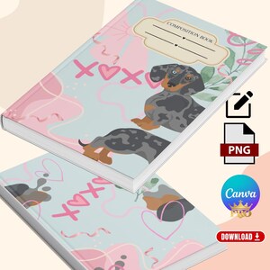 Puede incluir: Cuaderno de composición con una cubierta azul claro con una ilustración de perro salchicha con pelaje azul y marrón. La cubierta también incluye corazones rosas, el texto "xox" y las palabras "Composition Book".