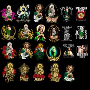 Puede incluir: Una colección de diseños gráficos que presentan a San Judas, representado en varias poses y estilos. Los diseños incorporan elementos como rosas, halos y texto como "San Judas Tadeo" y "Gracias Judas Tadeo". La paleta de colores incluye verde, dorado y rojo.