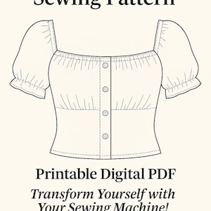 Puede incluir: Un patrón de costura de blusa campesina ilustrado. La blusa tiene un escote cuadrado, mangas cortas abullonadas y una botonadura frontal. El texto en la parte superior dice "Peasant Blouse Sewing Pattern". Debajo de la blusa, el texto dice "PDF digital imprimible".