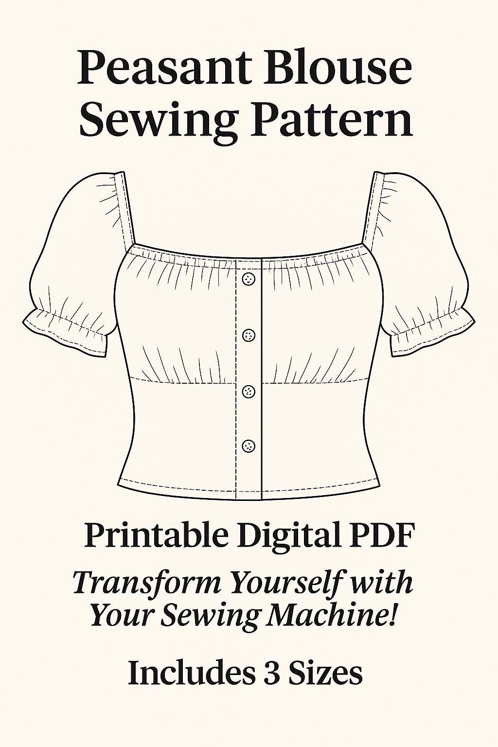 Digital Sewing Pattern PDF Peasant Blouse | Puff Sleeve Button Front ...