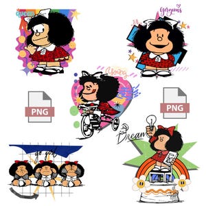 Puede incluir: Una colección de ilustraciones de dibujos animados que presentan a una niña con un peinado negro rizado y grande, que lleva un vestido rojo y un lazo blanco. Las imágenes incluyen texto como "queen", "gorgeous" y "dream".