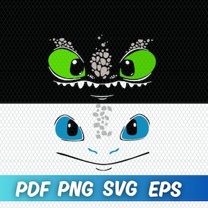 以下が含まれることがあります： 2 つのドラゴンの顔を特徴とするデジタルデザイン。上の顔は緑の目を持つ黒色で、下の顔は青い目を持つ白色です。「PDF PNG SVG EPS」というテキストが青いバナーで下部に表示されています。
