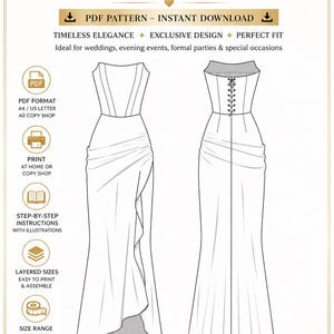 Puede incluir: Patrón de costura digital para un vestido de noche y de novia con un diseño elegante sin tirantes. Incluye patrón PDF para descarga instantánea, tallas en capas e instrucciones paso a paso. Tallas 00-32, de XXS a 6XL.
