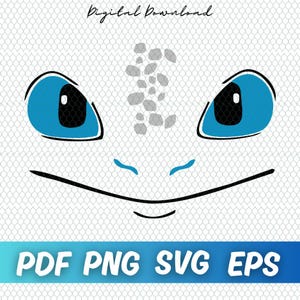 Puede incluir: Descarga digital de un diseño de cara de dragón estilizada con grandes ojos azules, contorno negro y boca sonriente. El texto "Digital Download" está en la parte superior y "PDF PNG SVG EPS" en la parte inferior en una pancarta azul.