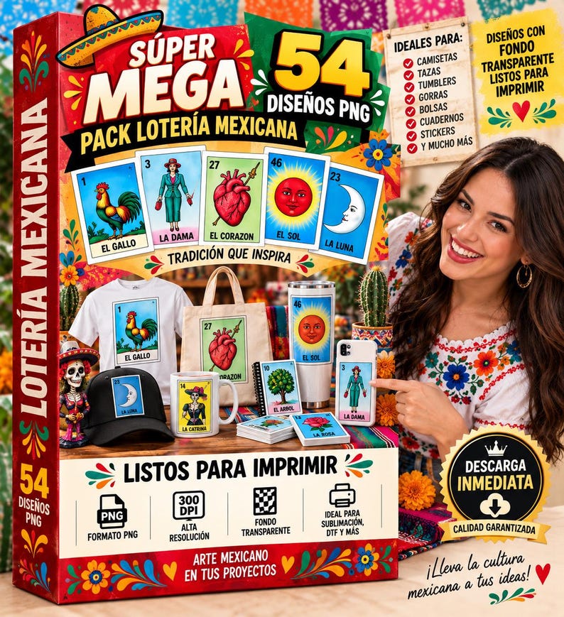 May include: A digital product bundle featuring 54 Mexican Loteria PNG designs. The display shows a white t-shirt, a tote bag, a tumbler, a black baseball cap, a mug, a phone case, and cards, all decorated with traditional Loteria game illustrations.
