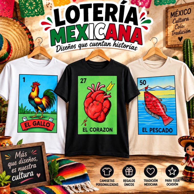 May include: Three t-shirts hanging on wooden hangers. The white shirt features a rooster graphic labeled 'EL GALLO', the black shirt shows a heart pierced by an arrow labeled 'EL CORAZON', and the beige shirt displays a fish labeled 'EL PESCADO'.