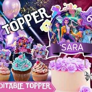 Puede incluir: Un pastel de cumpleaños y cupcakes con adornos temáticos de dibujos animados. El pastel está decorado con rosas moradas y una pancarta que dice "SARA". Los cupcakes tienen adornos con los nombres "Olivia" y "Ema". También hay globos morados y un globo en forma de estrella.