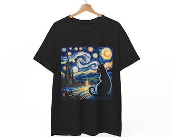 Starry Night Cat T-Shirt, Van Gogh Inspired Art, Cat Lover Gift
