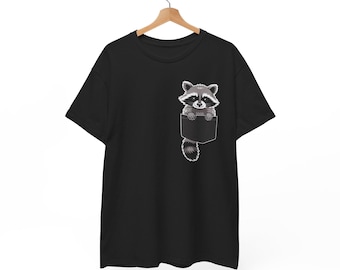 おもしろアライグマポケットTシャツ、動物好きのユニセックスTシャツ