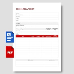Plantilla editable de boleta de calificaciones escolar - Hoja de resultados del estudiante en PDF y Word - Progreso académico - Seguimiento de calificaciones