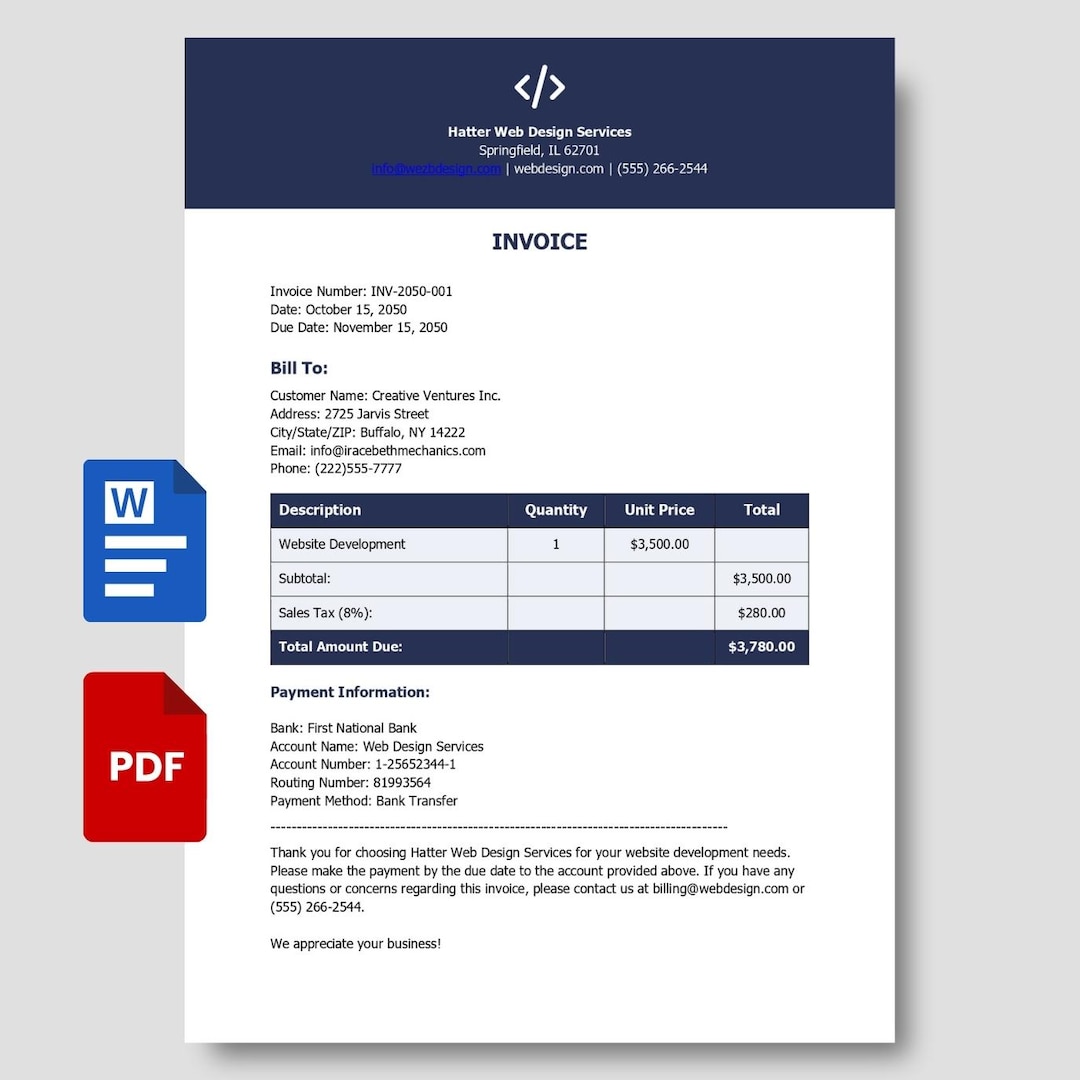 Web Design Invoice Template | Editable PDF & Word | Service Billing ...