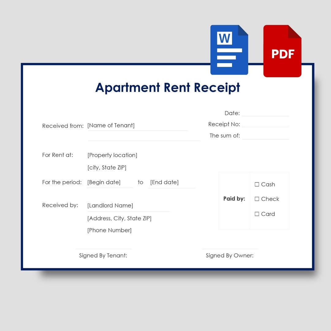 Editable Apartment Rent Receipt Template | Fillable PDF - Word | Rental ...