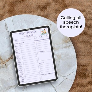May include: A digital planner for speech therapists with a purple background. The planner includes sections for daily schedule, evaluations, paperwork, today's goal, meetings, and notes. The text "DAILY SPEECHIE PLANNER" is at the top of the planner.
