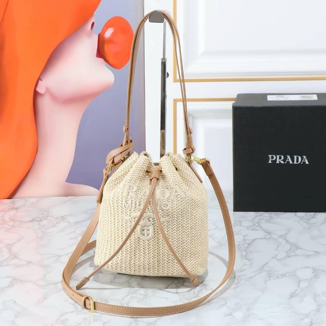 Vintage Prada Raffia Bucket Bag 1BE068, Crochet Leather Shoulder Purse ...