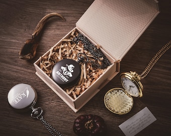 Personalized and customizable pocket watch. Suitable for wedding parties, anniversaries, and groomsmen gifts