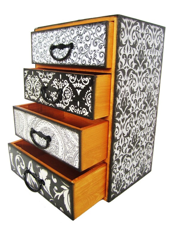 Items similar to Jewelry Box With Drawers Black and White Trinket