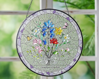 Atrapasueños de vidrieras con forma de flor de nacimiento personalizada y detalles en relieve 3D, ramo familiar para colgar en la ventana, regalo del Día de la Madre para mamá o abuela.