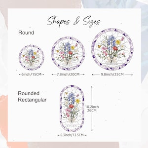 Puede incluir: Imagen que muestra cuatro dise&ntilde;os florales decorativos de varias formas y tama&ntilde;os. Los dise&ntilde;os presentan un ramo de flores y mariposas, con un efecto de vidriera. Las medidas se indican en pulgadas y cm. El texto "Grandma's Garden" es visible.