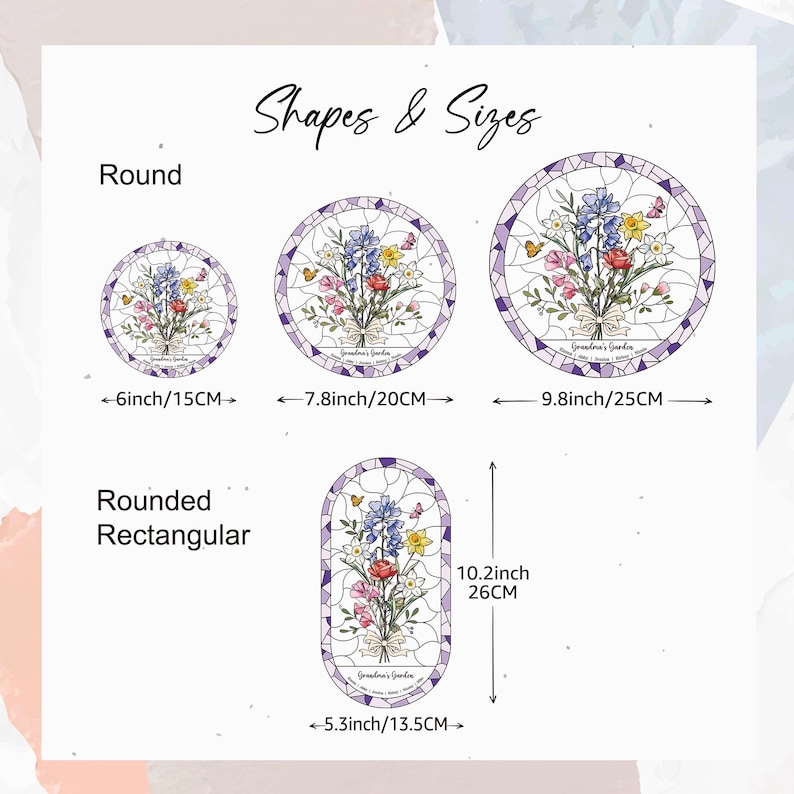 Puede incluir: Imagen que muestra cuatro dise&ntilde;os florales decorativos de varias formas y tama&ntilde;os. Los dise&ntilde;os presentan un ramo de flores y mariposas, con un efecto de vidriera. Las medidas se indican en pulgadas y cm. El texto "Grandma's Garden" es visible.