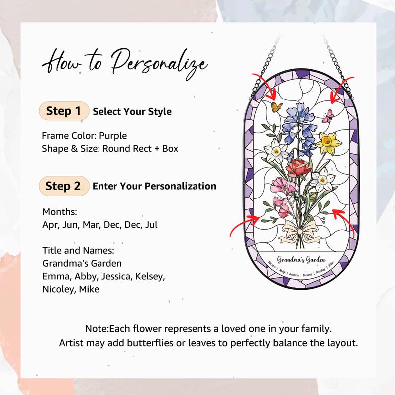 Puede incluir: Una obra de arte personalizada para ventana de vidriera con un marco morado y un ramo de flores coloridas. Se muestra el texto "Grandma's Garden", junto con nombres. La imagen incluye instrucciones sobre c&oacute;mo personalizar la obra de arte.